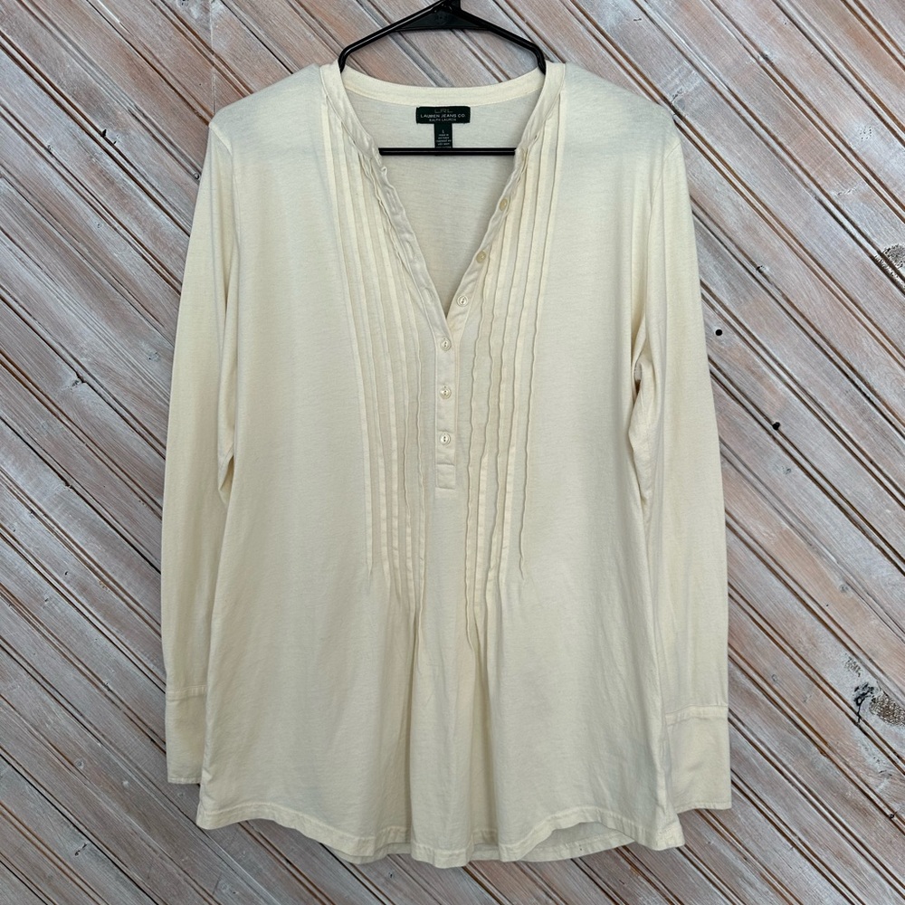 Ralph Lauren Jeans Co Cream Pleated Casual Button Down Cotton Blouse